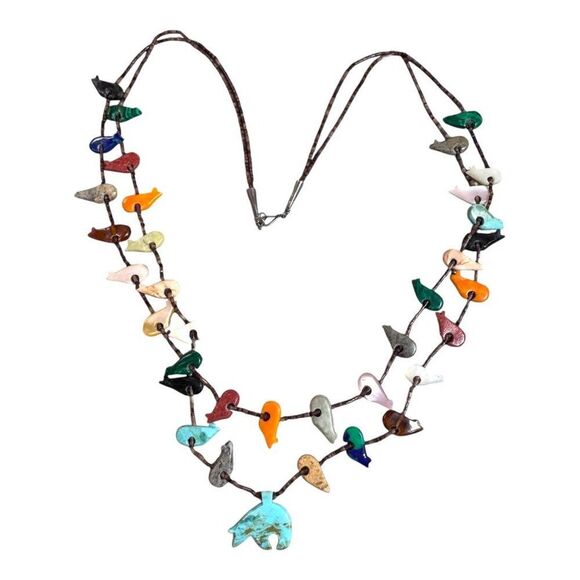 Vintage Zuni Double Strand Bird Fetish Turquoise Bear Necklace Multi-Stone 28" - Picture 4 of 12